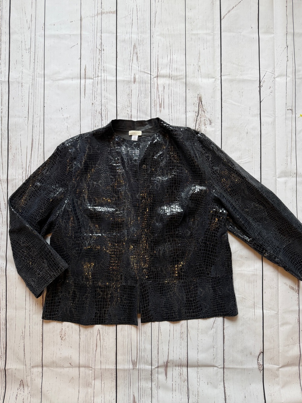 Chico's Shiny leather Black Croc-Embossed Open-Front Jacket